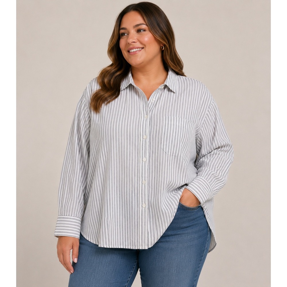 Vince‎ Womens Large Striped Cotton Blend Oversized Button Down Shirt Blue White